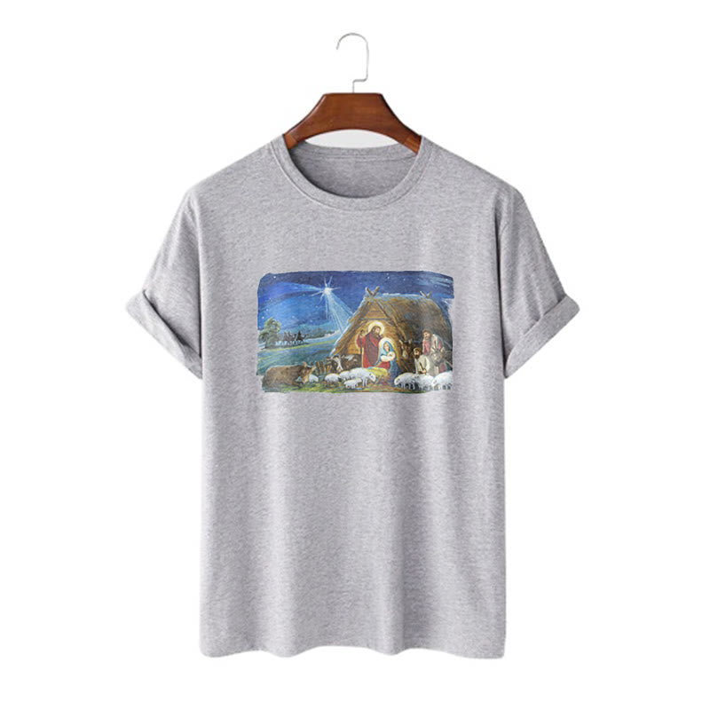 Christianartworkshop Farbiges Kurzarm-T-Shirt mit Motiv des Sterns von Bethlehem und Krippenszene - Grau - 2XL - image 17
