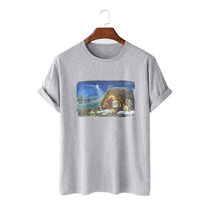 Christianartworkshop Farbiges Kurzarm-T-Shirt mit Motiv des Sterns von Bethlehem und Krippenszene - Grau - 2XL - image 17