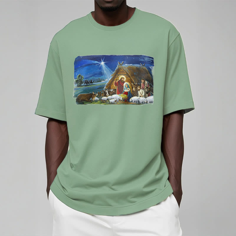 Christianartworkshop Farbiges Kurzarm-T-Shirt mit Motiv des Sterns von Bethlehem und Krippenszene - image 11