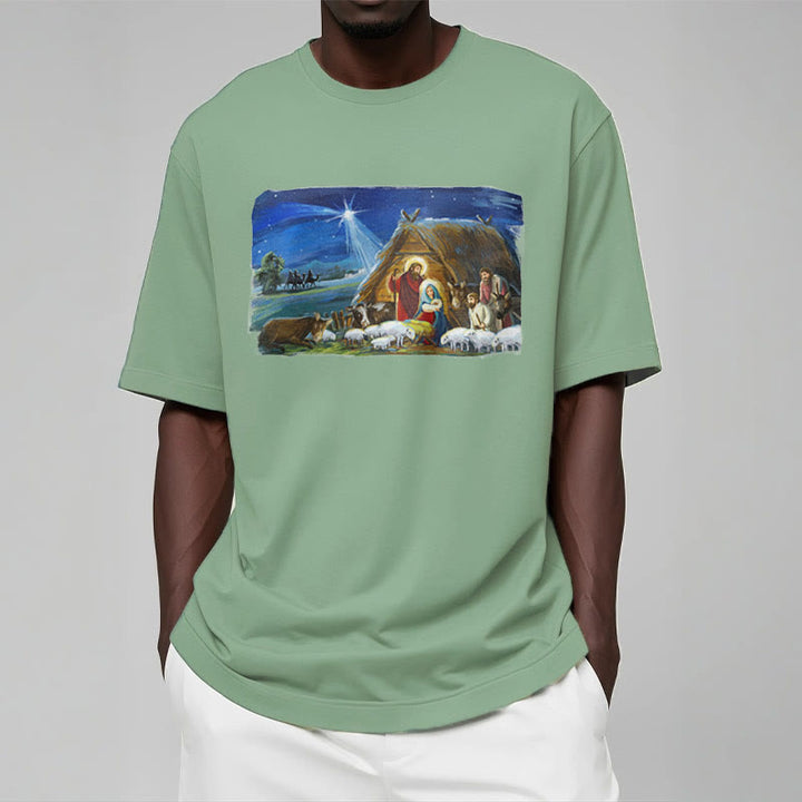 Christianartworkshop Farbiges Kurzarm-T-Shirt mit Motiv des Sterns von Bethlehem und Krippenszene - image 11