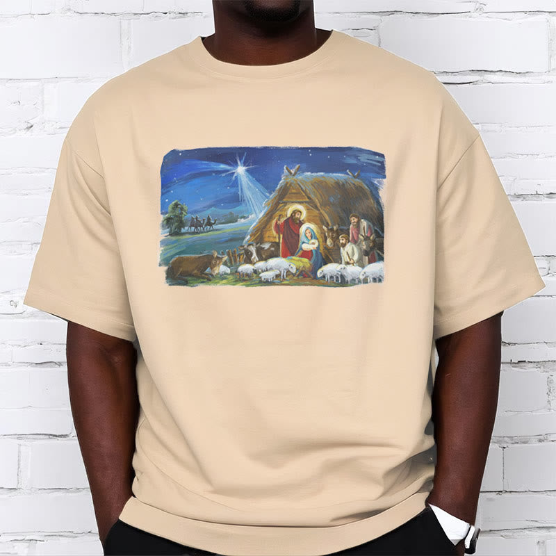 Christianartworkshop Farbiges T-Shirt mit Stern von Bethlehem, Weihnachtskrippe, kurzärmlig, gewaschen