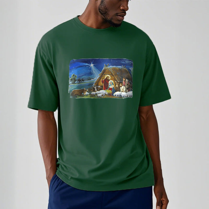 Christianartworkshop Farbiges Kurzarm-T-Shirt mit Motiv des Sterns von Bethlehem und Krippenszene - image 9