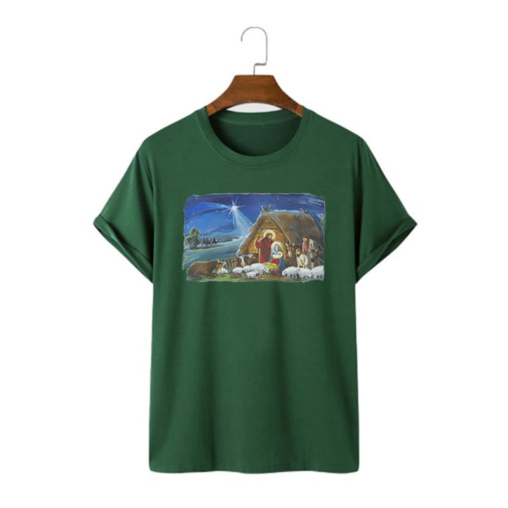 Christianartworkshop Farbiges Kurzarm-T-Shirt mit Motiv des Sterns von Bethlehem und Krippenszene - Dunkelgrün - 2XL - image 8
