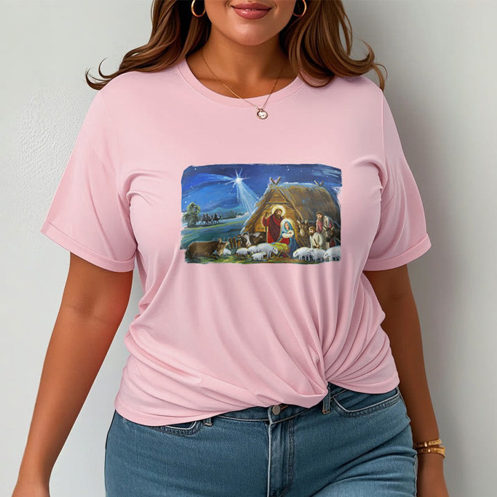 Christianartworkshop Farbiges Kurzarm-T-Shirt mit Motiv des Sterns von Bethlehem und Krippenszene - image 13