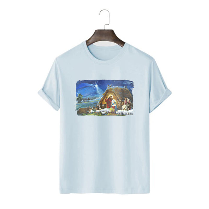 Christianartworkshop Farbiges Kurzarm-T-Shirt mit Motiv des Sterns von Bethlehem und Krippenszene - Blau - 2XL - image 16