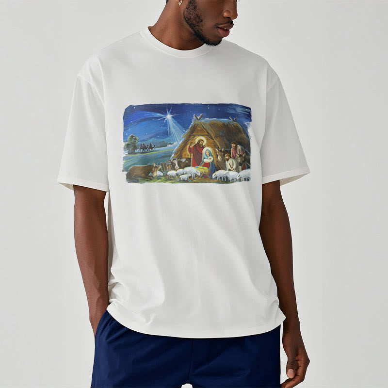 Christianartworkshop Farbiges Kurzarm-T-Shirt mit Motiv des Sterns von Bethlehem und Krippenszene - image 2