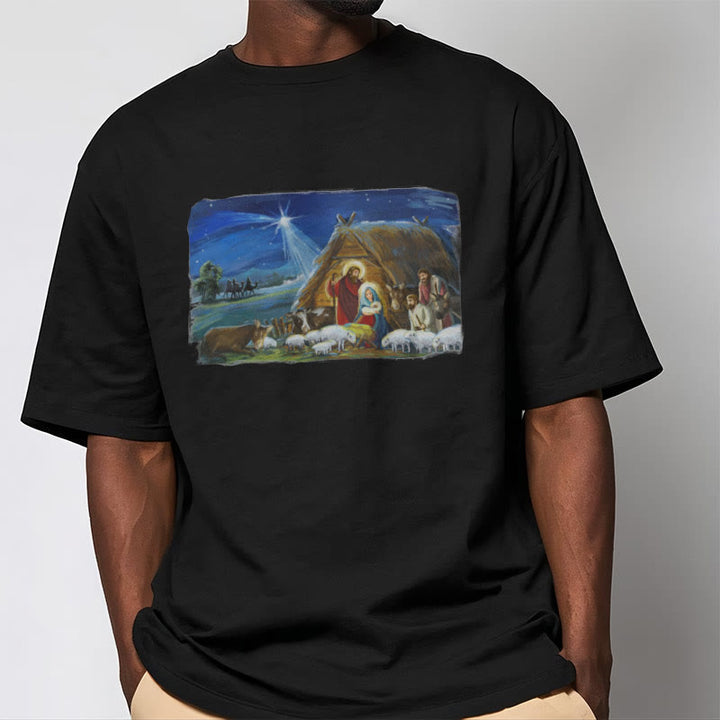 Christianartworkshop Farbiges Kurzarm-T-Shirt mit Motiv des Sterns von Bethlehem und Krippenszene - image 4