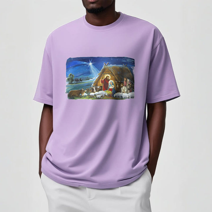 Christianartworkshop Farbiges Kurzarm-T-Shirt mit Motiv des Sterns von Bethlehem und Krippenszene - image 15