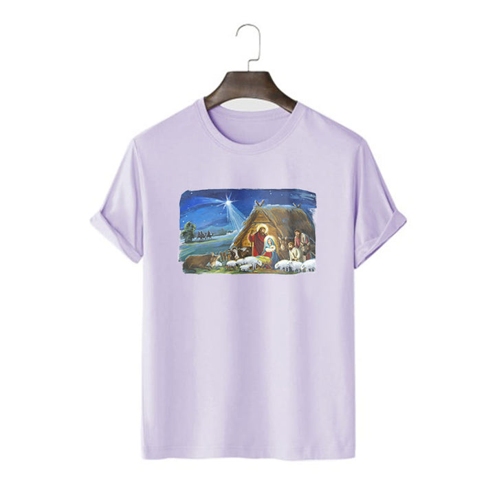 Christianartworkshop Farbiges Kurzarm-T-Shirt mit Motiv des Sterns von Bethlehem und Krippenszene - Lila - 2XL - image 14