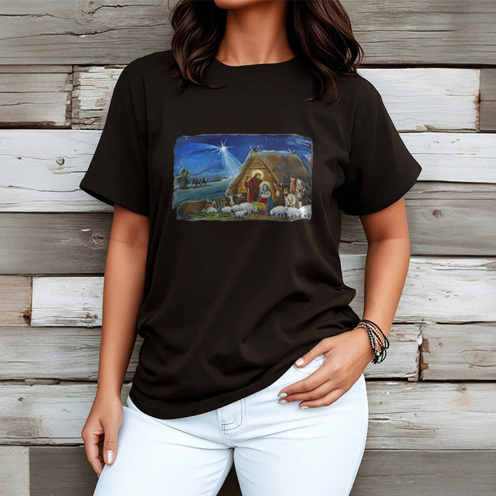 Christianartworkshop Farbiges Kurzarm-T-Shirt mit Motiv des Sterns von Bethlehem und Krippenszene - image 5