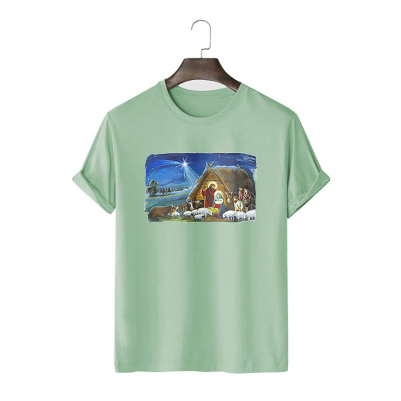 Christianartworkshop Farbiges Kurzarm-T-Shirt mit Motiv des Sterns von Bethlehem und Krippenszene - Hellgrün - 2XL - image 10