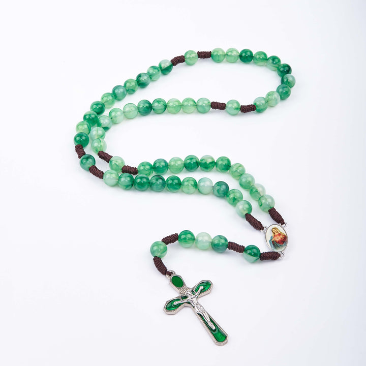 Christianartworkshop Rosenkranz mit dem Unbefleckten Herzen Mariens und Kruzifix, rund, 10 mm, grüne Acryl-Nylonschnur
