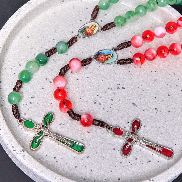 Christianartworkshop Rosenkranz mit dem Unbefleckten Herzen Mariens und Kruzifix, rund, 10 mm, grüne Acryl-Nylonschnur
