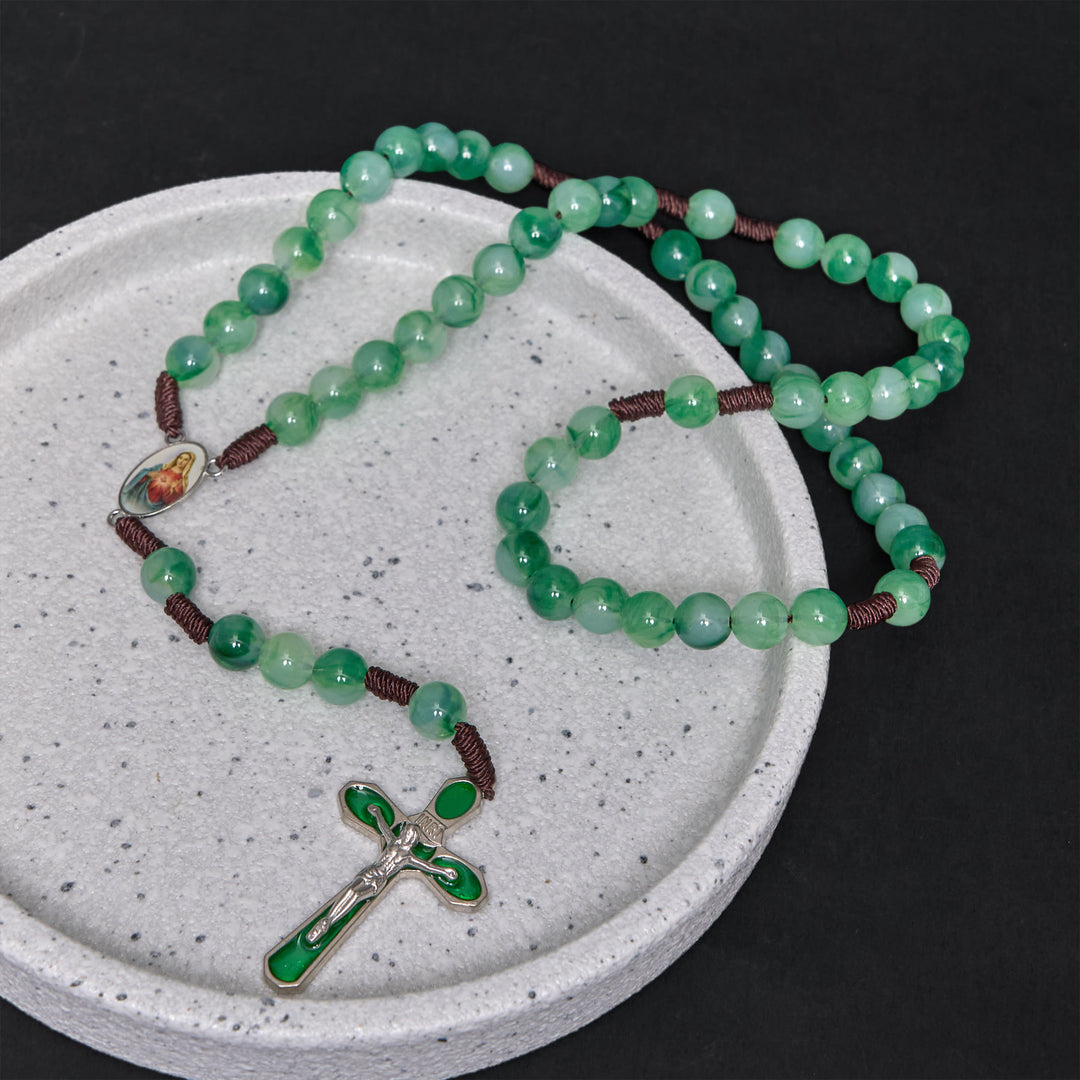 Christianartworkshop Rosenkranz mit dem Unbefleckten Herzen Mariens und Kruzifix, rund, 10 mm, grüne Acryl-Nylonschnur
