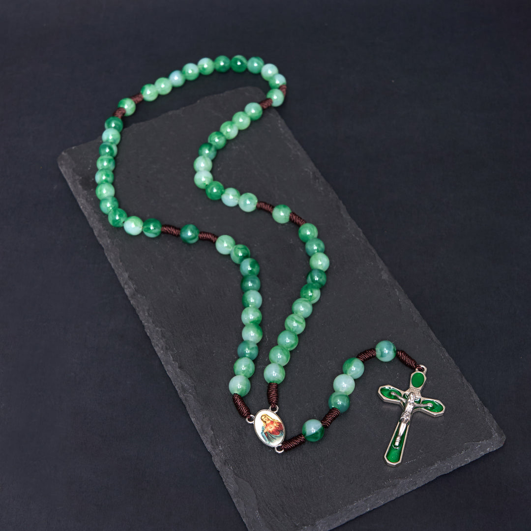 Christianartworkshop Rosenkranz mit dem Unbefleckten Herzen Mariens und Kruzifix, rund, 10 mm, grüne Acryl-Nylonschnur