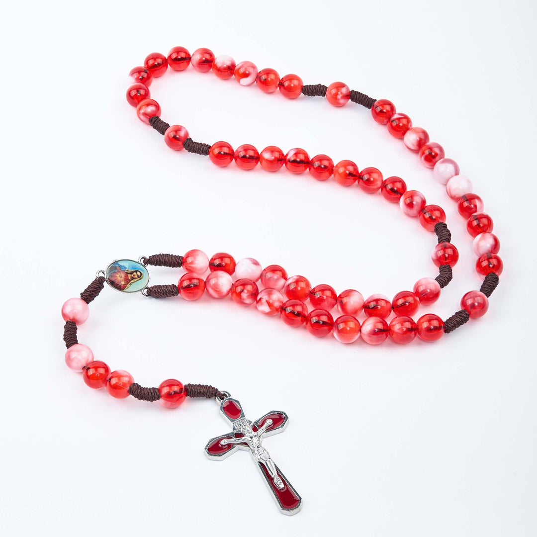 Christianartworkshop Rosenkranz mit dem Unbefleckten Herzen Mariens und Kruzifix, rund, 10 mm, rote Acryl-Nylonschnur
