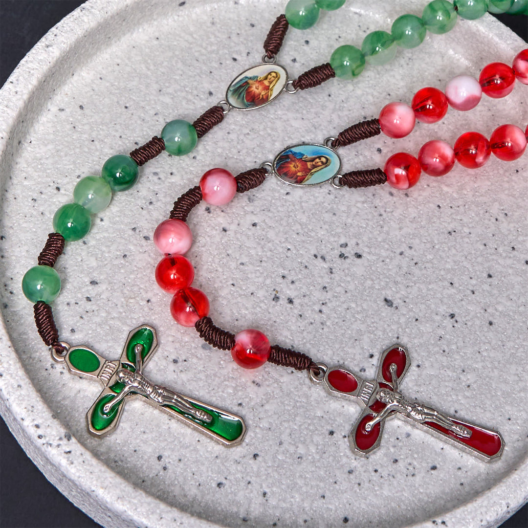 Christianartworkshop Rosenkranz mit dem Unbefleckten Herzen Mariens und Kruzifix, rund, 10 mm, rote Acryl-Nylonschnur
