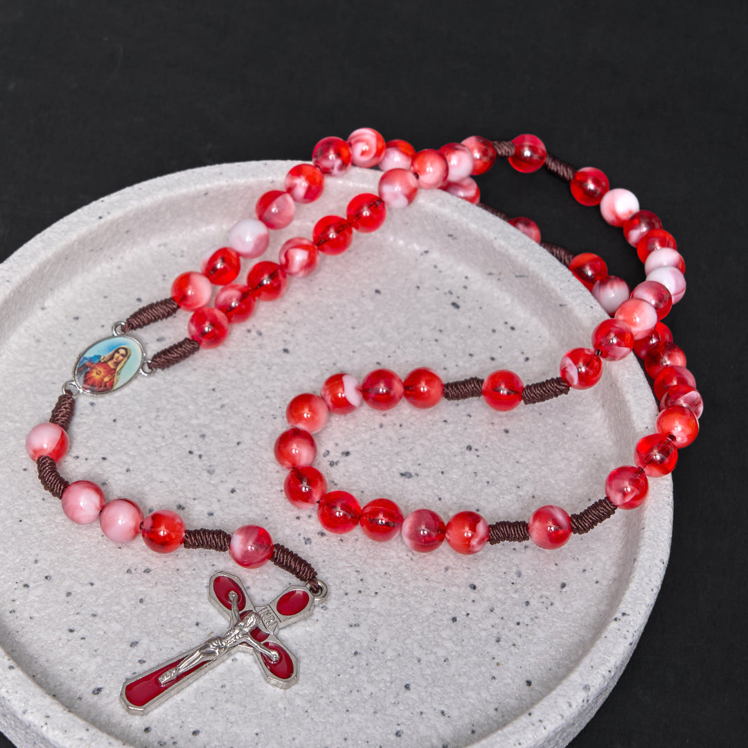 Christianartworkshop Rosenkranz mit dem Unbefleckten Herzen Mariens und Kruzifix, rund, 10 mm, rote Acryl-Nylonschnur