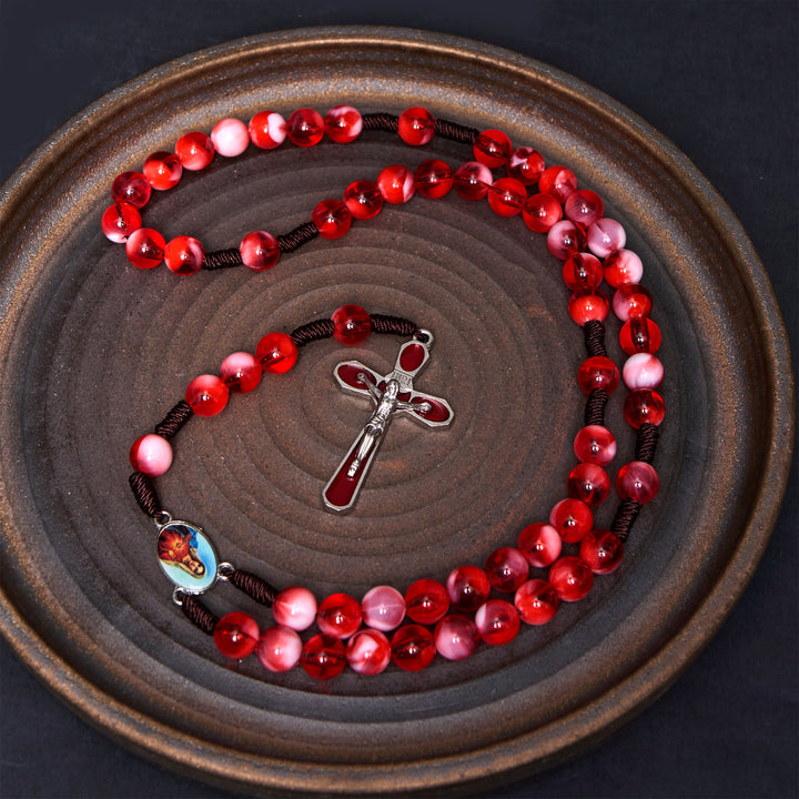 Christianartworkshop Rosenkranz mit dem Unbefleckten Herzen Mariens und Kruzifix, rund, 10 mm, rote Acryl-Nylonschnur