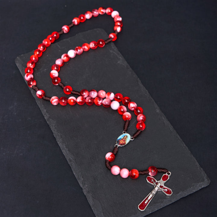 Christianartworkshop Rosenkranz mit dem Unbefleckten Herzen Mariens und Kruzifix, rund, 10 mm, rote Acryl-Nylonschnur