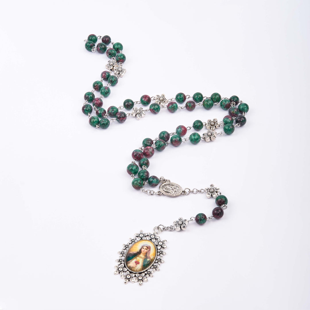 Christianartworkshop Rosenkranzkette „Unsere Liebe Frau von Fátima und das Unbefleckte Herz Mariens“ aus rundem grünem Naturstein, Legierung, 8 mm