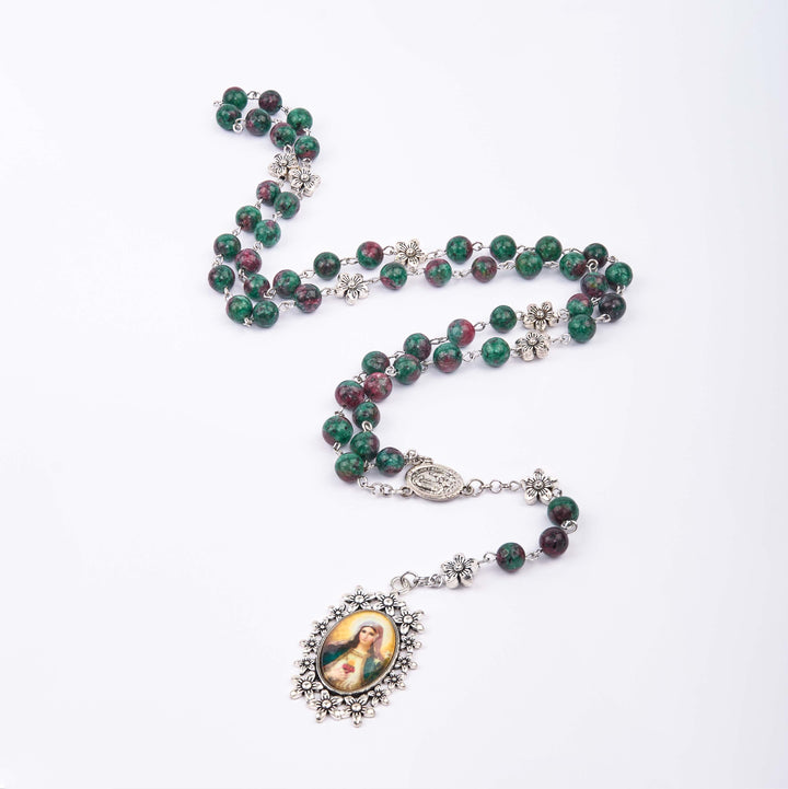 Christianartworkshop Rosenkranzkette „Unsere Liebe Frau von Fátima und das Unbefleckte Herz Mariens“ aus rundem grünem Naturstein, Legierung, 8 mm