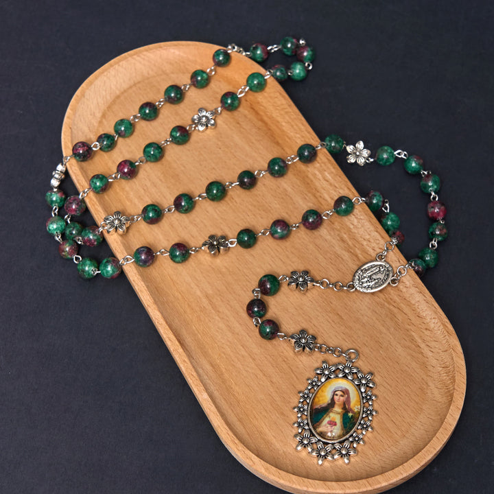 Christianartworkshop Rosenkranzkette „Unsere Liebe Frau von Fátima und das Unbefleckte Herz Mariens“ aus rundem grünem Naturstein, Legierung, 8 mm