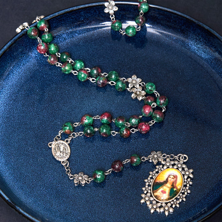 Christianartworkshop Rosenkranzkette „Unsere Liebe Frau von Fátima und das Unbefleckte Herz Mariens“ aus rundem grünem Naturstein, Legierung, 8 mm