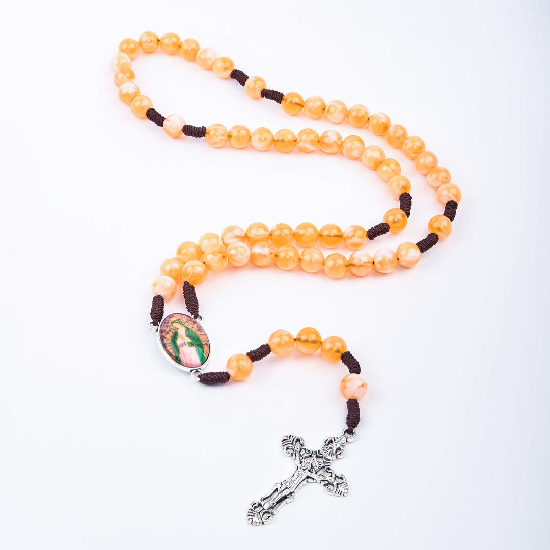 Christianartworkshop Rosenkranz „Unsere Liebe Frau von Guadalupe & Kruzifix“ aus 10 mm rundem orangefarbenem Acryl-Nylonband