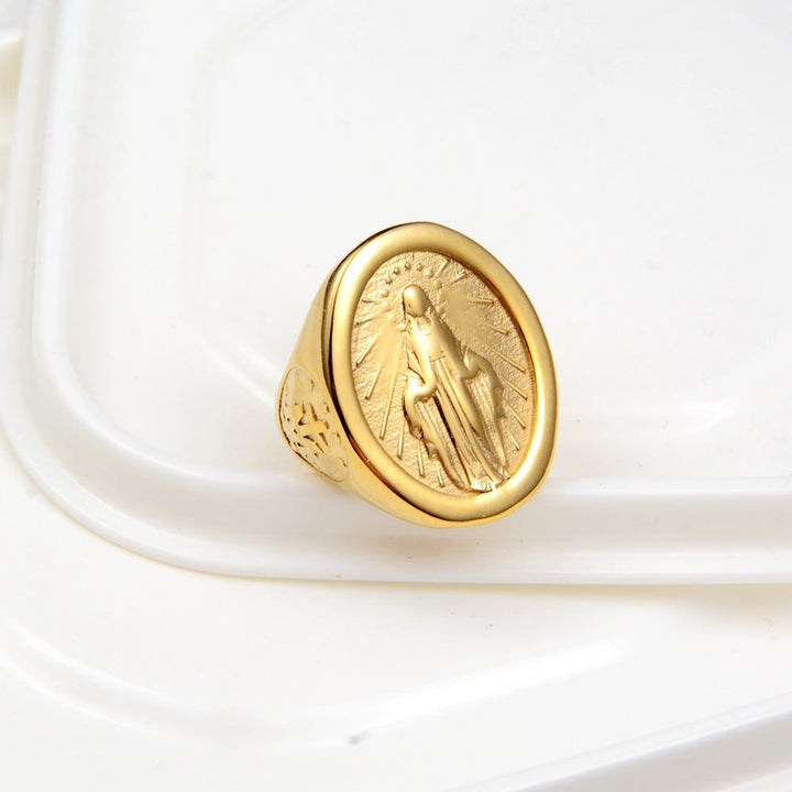 Christianartworkshop Klassischer minimalistischer Stil Jungfrau Maria Wundertätige Medaille Glaube Verbindung Ring
