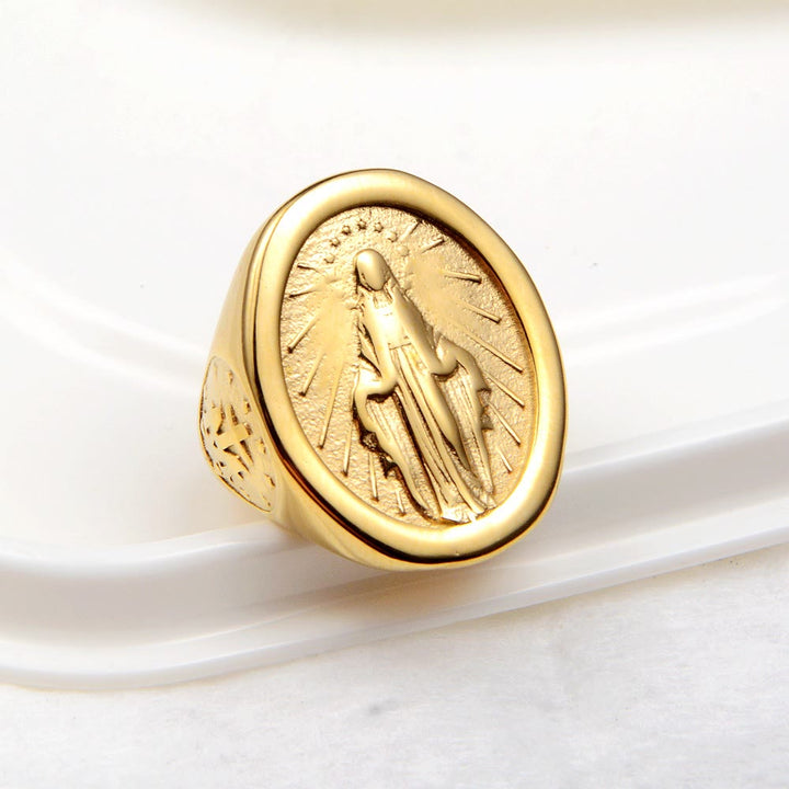 Christianartworkshop Klassischer minimalistischer Stil Jungfrau Maria Wundertätige Medaille Glaube Verbindung Ring