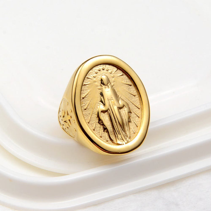 Christianartworkshop Klassischer minimalistischer Stil Jungfrau Maria Wundertätige Medaille Glaube Verbindung Ring