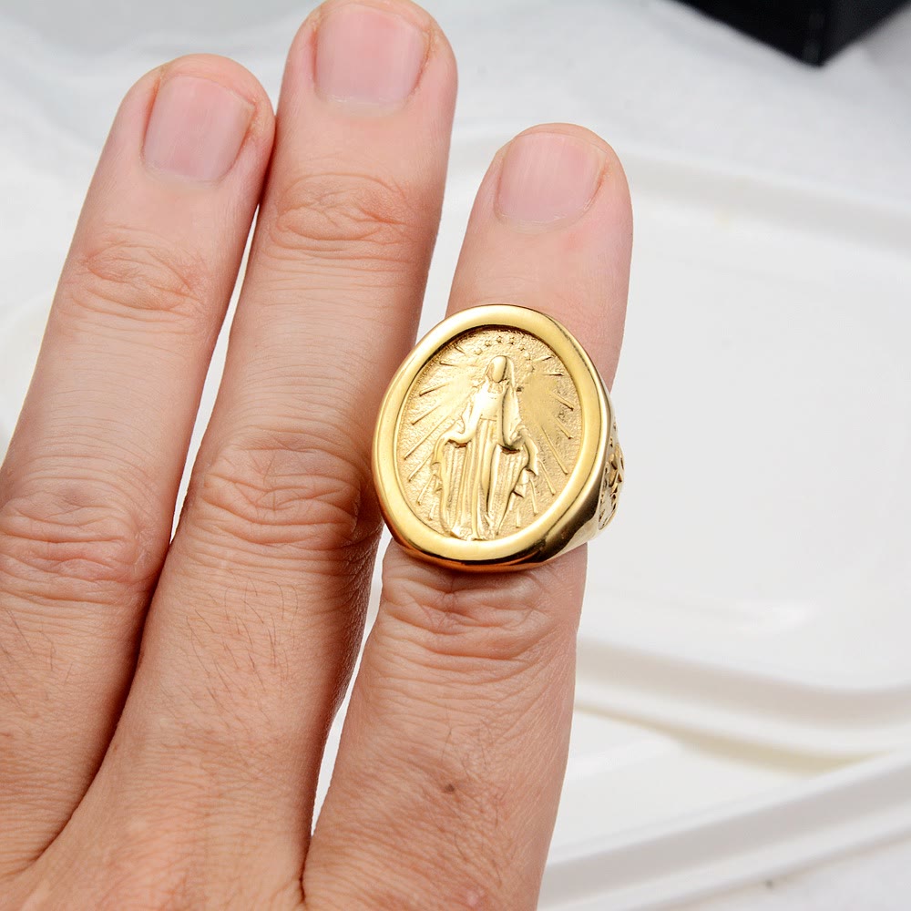 Christianartworkshop Klassischer minimalistischer Stil Jungfrau Maria Wundertätige Medaille Glaube Verbindung Ring