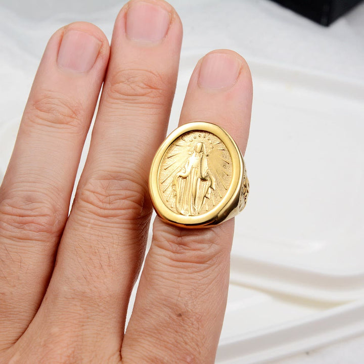 Christianartworkshop Klassischer minimalistischer Stil Jungfrau Maria Wundertätige Medaille Glaube Verbindung Ring