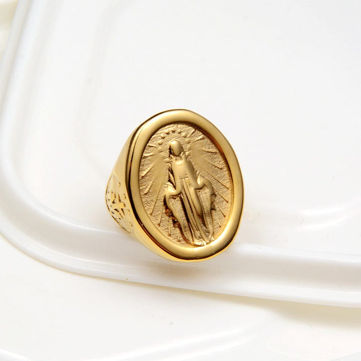 Christianartworkshop Klassischer minimalistischer Stil Jungfrau Maria Wundertätige Medaille Glaube Verbindung Ring