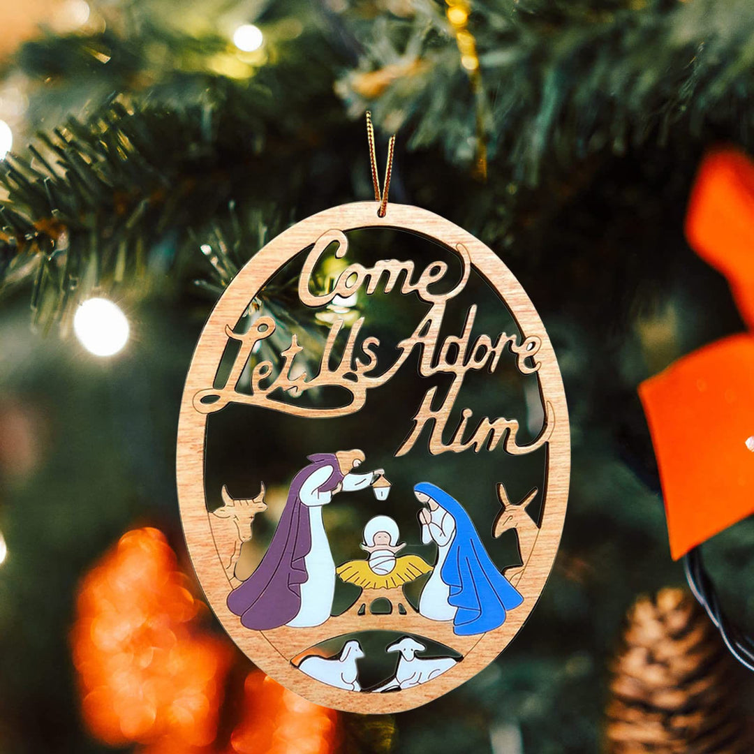 Christianartworkshop Weihnachtskrippe im rustikalen, farbigen Stil, „Komm, lass uns ihn anbeten“, Weihnachtskrippe, hängende Ornamente - Weihnachtskrippe - image 0