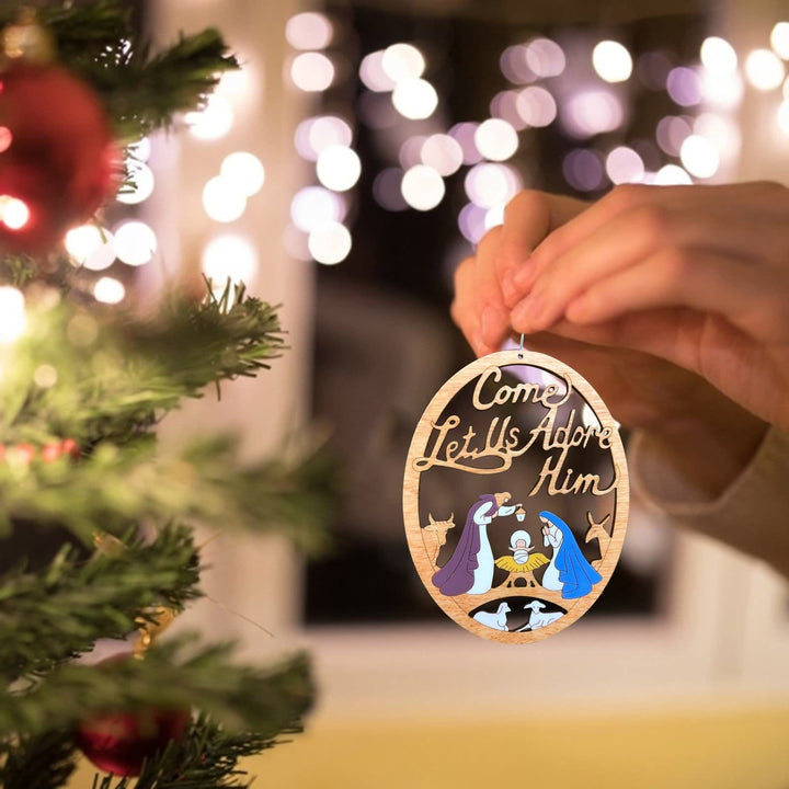 Christianartworkshop Weihnachtskrippe im rustikalen, farbigen Stil, „Komm, lass uns ihn anbeten“, Weihnachtskrippe, hängende Ornamente - image 4