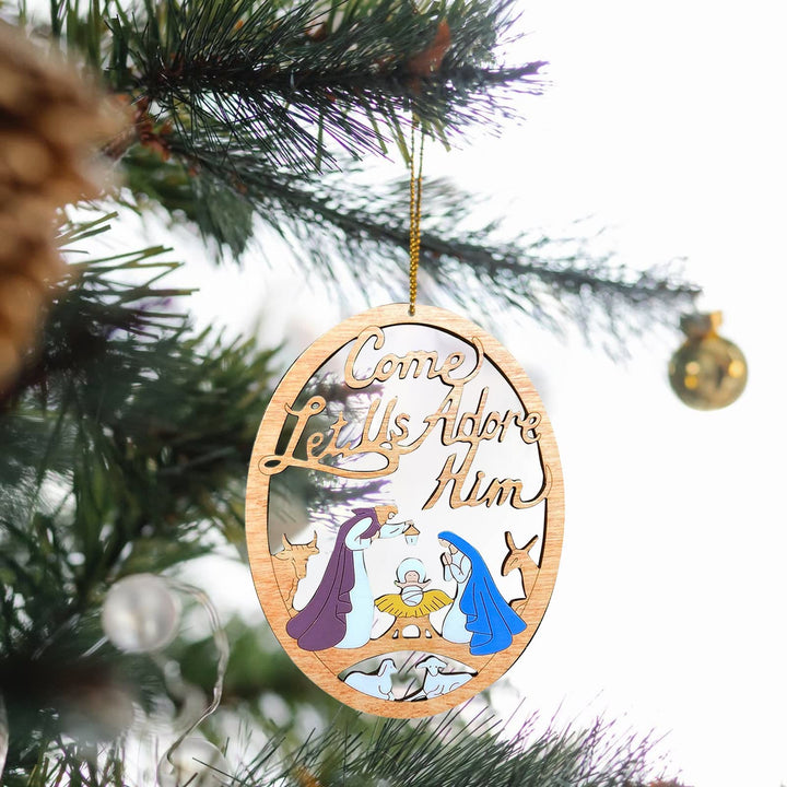 Christianartworkshop Weihnachtskrippe im rustikalen, farbigen Stil, „Komm, lass uns ihn anbeten“, Weihnachtskrippe, hängende Ornamente - image 2