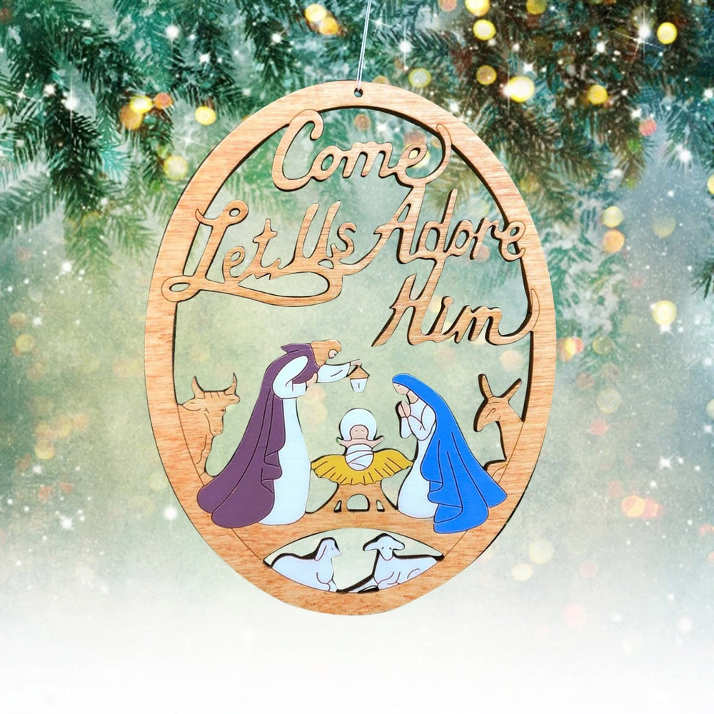 Christianartworkshop Weihnachtskrippe im rustikalen, farbigen Stil, „Komm, lass uns ihn anbeten“, Weihnachtskrippe, hängende Ornamente - image 1