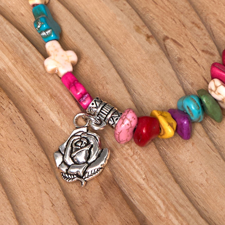 Christianartworkshop Buntes Armband mit Jungfrau Maria-Rose und Kreuz im Böhmen-Stil, Türkis
