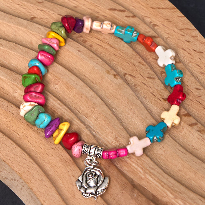 Christianartworkshop Buntes Armband mit Jungfrau Maria-Rose und Kreuz im Böhmen-Stil, Türkis