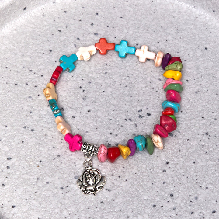 Christianartworkshop Buntes Armband mit Jungfrau Maria-Rose und Kreuz im Böhmen-Stil, Türkis