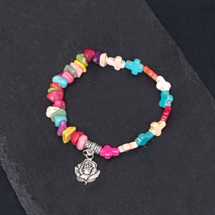 Christianartworkshop Buntes Armband mit Jungfrau Maria-Rose und Kreuz im Böhmen-Stil, Türkis