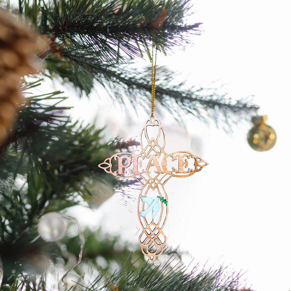 Christianartworkshop Weihnachtskrippe, farbiges Friedenskreuz, weiße Taube, hängende Ornamente - image 1