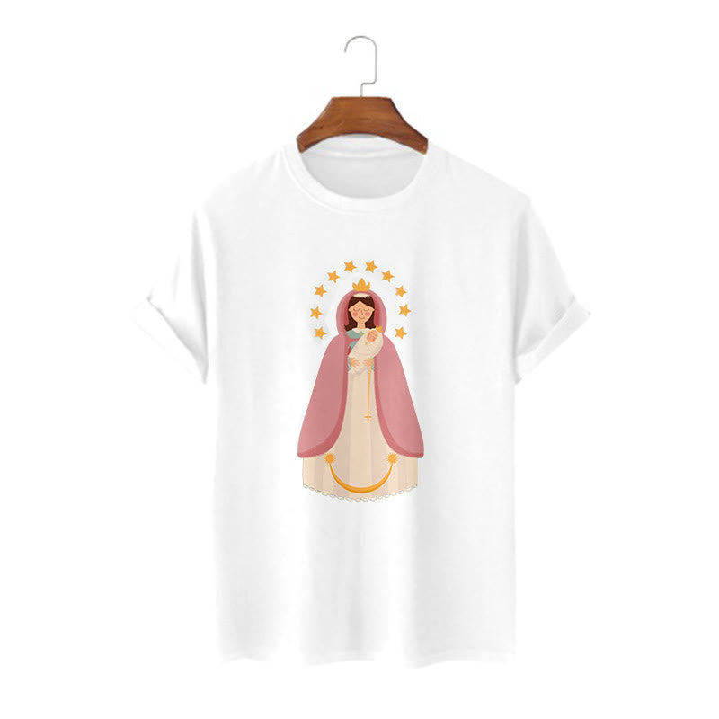Christianartworkshop Minimalistischer Stil Kurzarm-T-Shirt mit Motiv der Göttlichen Jungfrau Maria und des Kindes - Weiß - 2XL - image 4