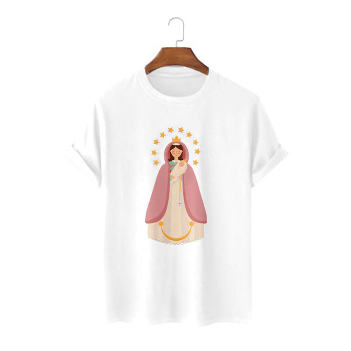 Christianartworkshop Minimalistischer Stil Kurzarm-T-Shirt mit Motiv der Göttlichen Jungfrau Maria und des Kindes - Weiß - 2XL - image 4