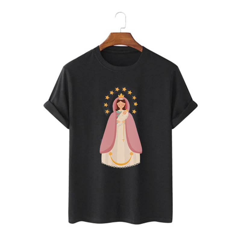 Christianartworkshop Minimalistischer Stil Kurzarm-T-Shirt mit Motiv der Göttlichen Jungfrau Maria und des Kindes - Schwarz - 2XL - image 0