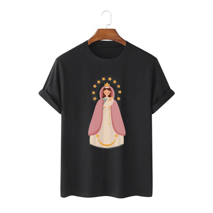Christianartworkshop Minimalistischer Stil Kurzarm-T-Shirt mit Motiv der Göttlichen Jungfrau Maria und des Kindes - Schwarz - 2XL - image 0