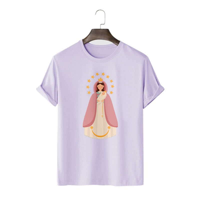 Christianartworkshop Minimalistischer Stil Kurzarm-T-Shirt mit Motiv der Göttlichen Jungfrau Maria und des Kindes - Lila - 2XL - image 15