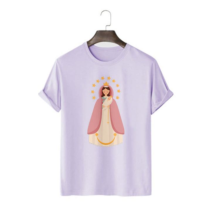 Christianartworkshop Minimalistischer Stil Kurzarm-T-Shirt mit Motiv der Göttlichen Jungfrau Maria und des Kindes - Lila - 2XL - image 15